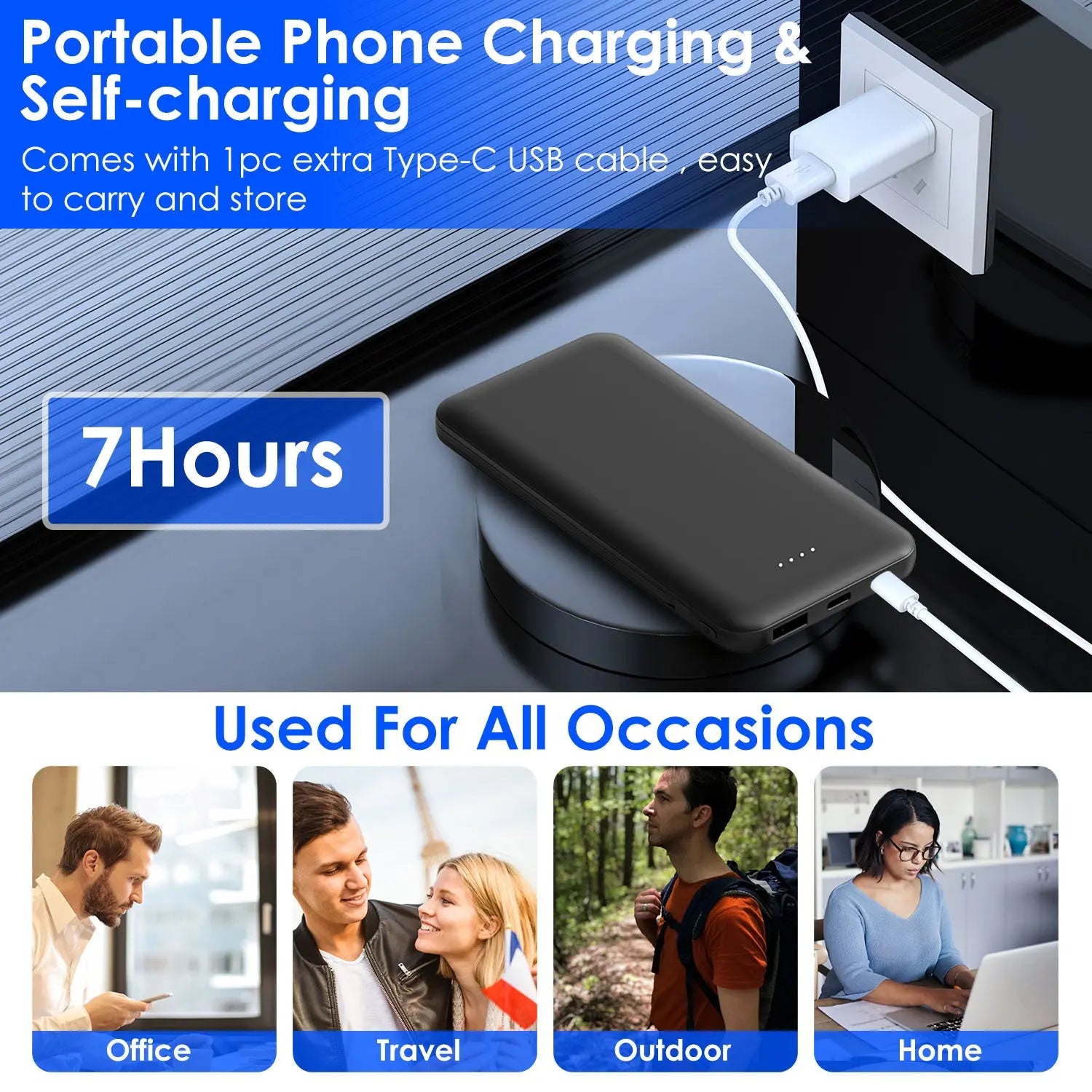  10000mAh Portable Power Bank & Charger - Dual USB-C & Lightning Cable for iPhone 14, Android, and More #