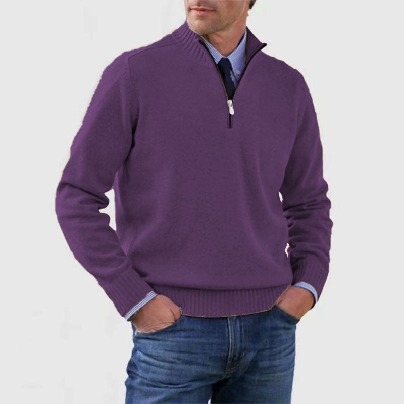 Men's Stand Collar Zipper Sweater Winter Fashion Solid Color Long Sleeve Knitted Top Clothing - SMSB 66