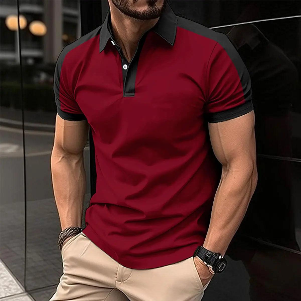 Men's short sleeve business shirt in burgundy with black collar and sleeve accents, casual summer polo design.