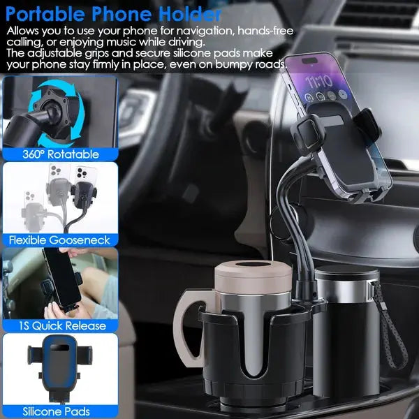 2 In 1 Car Cup Phone Holder Automotive Drink Holder With 360° Rotating Gooseneck Phone Mount Adjustable Base Fit For Most Phones Cups Vehicles SMSB 66
