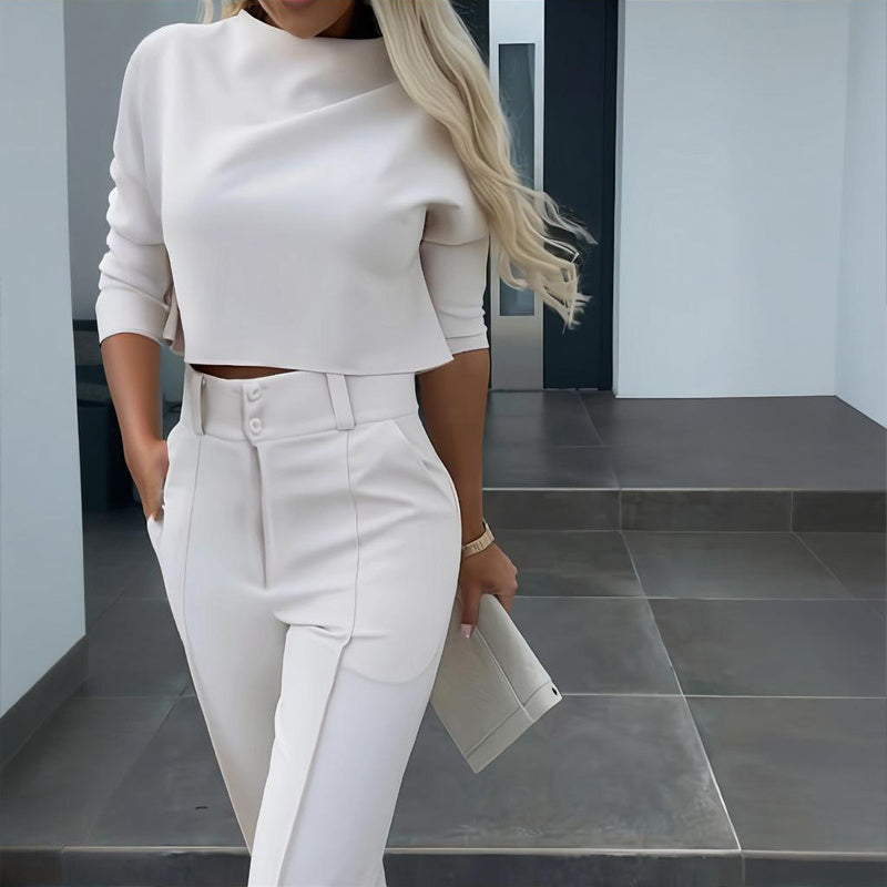 Women's Elegant Solid Color Half Sleeve Short Top With Straight Leg Pants Two-Piece Office Wear Suit With Pockets - SMSB 66