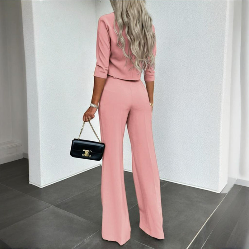 Women's Elegant Solid Color Half Sleeve Short Top With Straight Leg Pants Two-Piece Office Wear Suit With Pockets - SMSB 66
