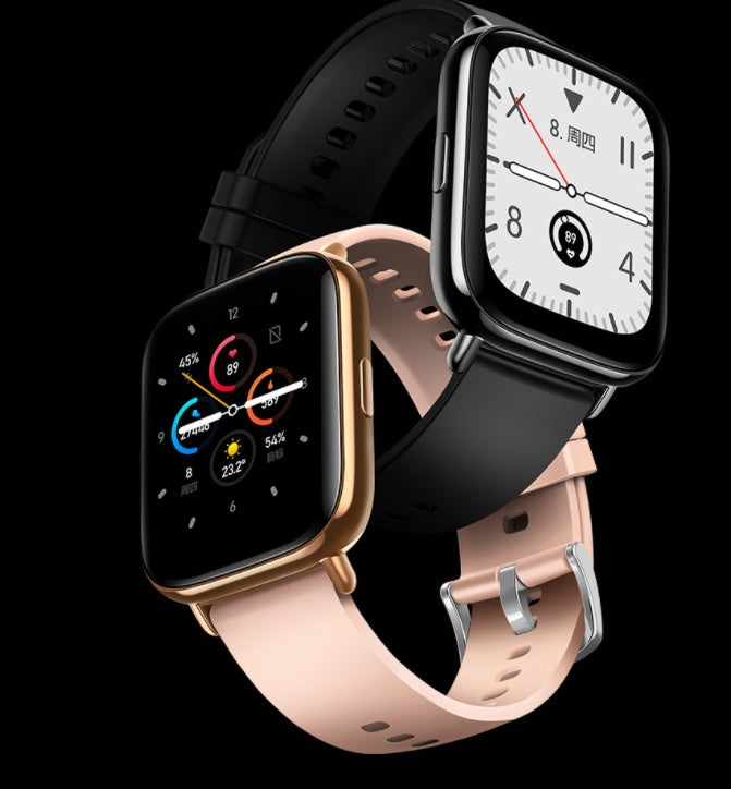 Full touch screen Bluetooth watch with exercise, blood pressure, and temperature monitoring, available in black and gold.