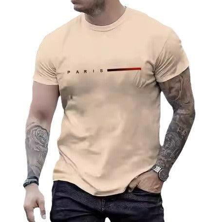Beige 3d printed slim fit men's top with "PARIS" text and short sleeves.