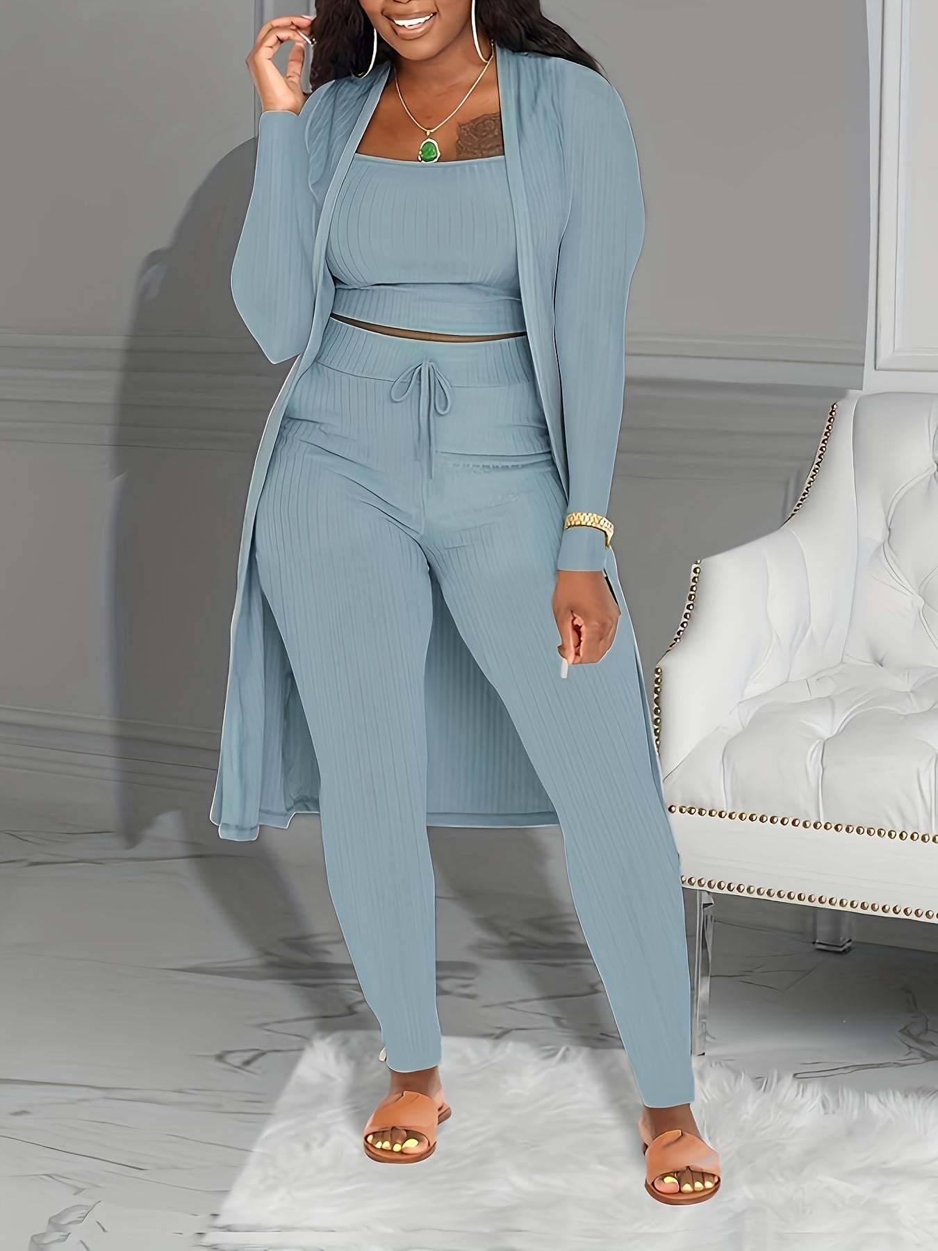 Casual Ribbed 3pcs Set, Crop Tank Top + High Waist Drawstring Pants + Longline Cardigan Outfits, Women's Clothing - SMSB 66