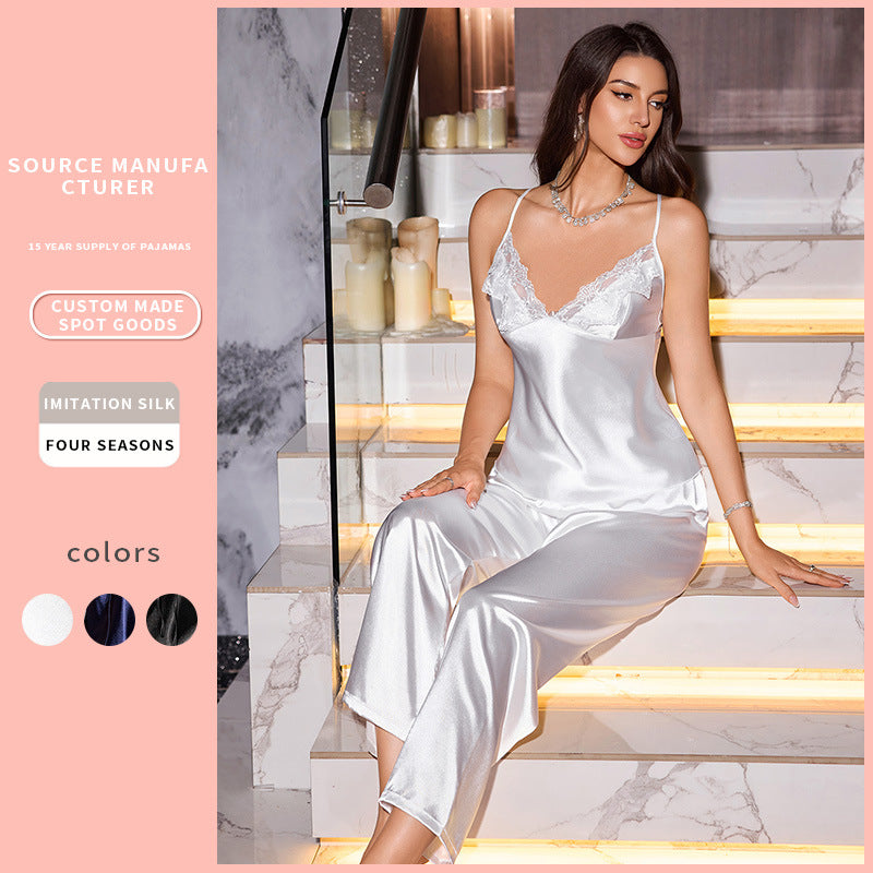 Backless Strap Dress Casual Sleepwear Set Simple Lace Hem Imitation Silk Homewear - SMSB 66