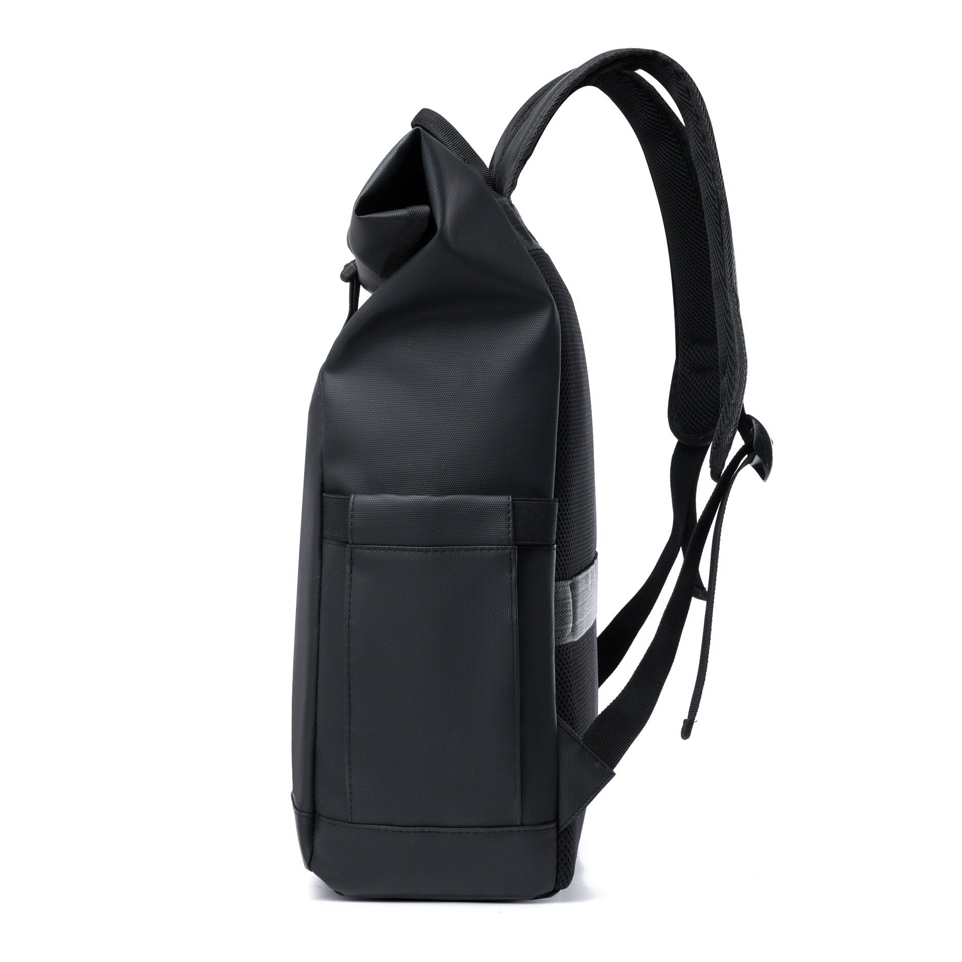 side view of black men's waterproof lightweight travel backpack with curved shoulder straps and lock