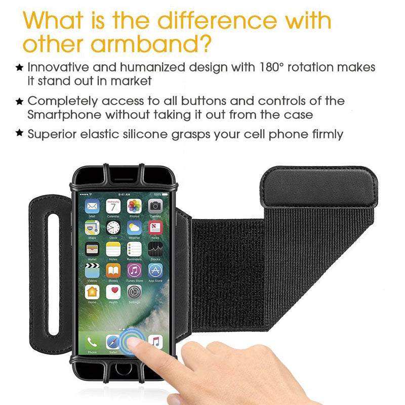 180 degree rotatable phone case running wristband armband with touchscreen access and elastic silicone grip