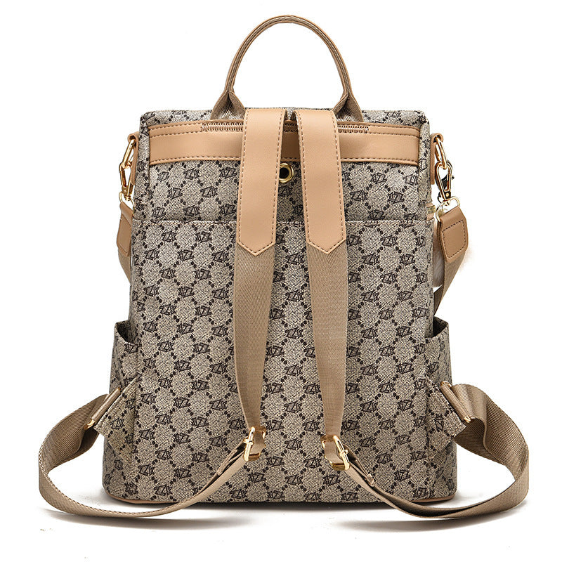 Women's double shoulder PU leather casual backpack with printed pattern and waterproof design