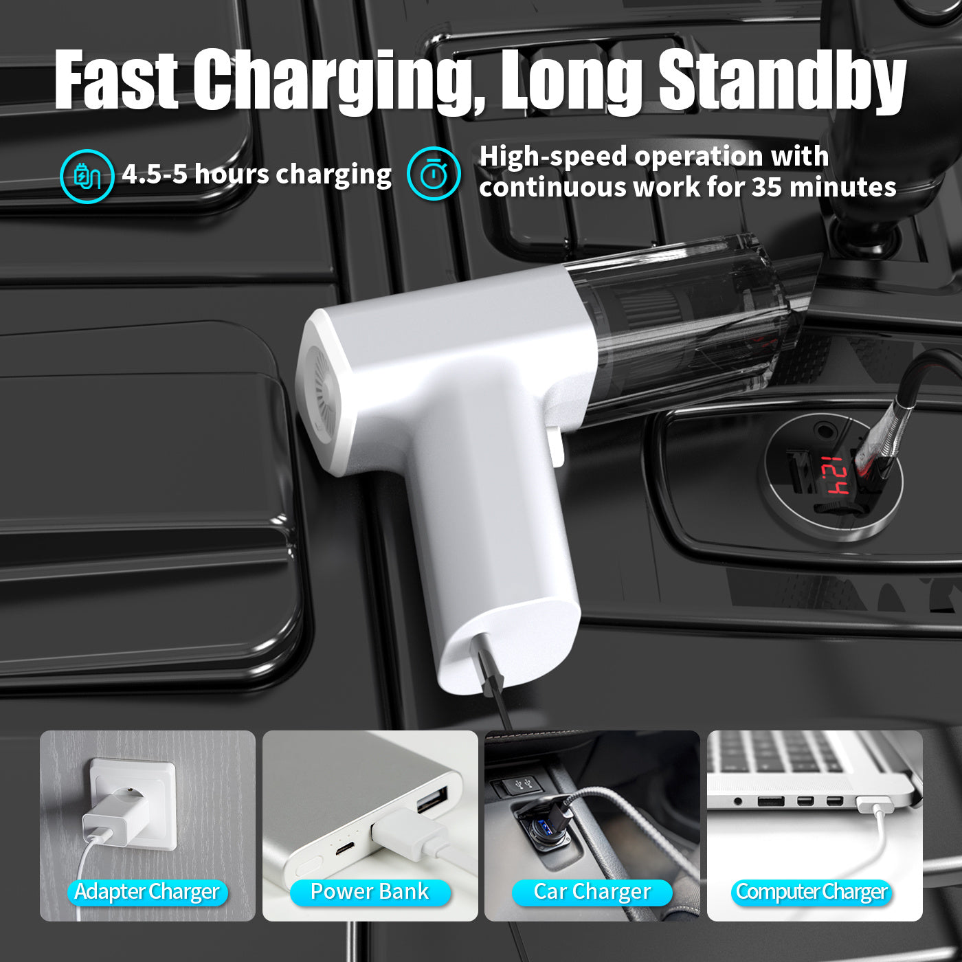 Compact white plastic dust collector vacuum cleaner charging via car charger, highlighting fast charging and long standby features.