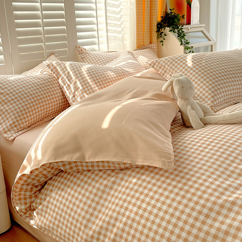 Minimalist Pure Water-Washed Cotton Bedding Set Flannel Grid Good Quality Fitted Sheet Version Student Dormitory Three-Piece Set - SMSB 66