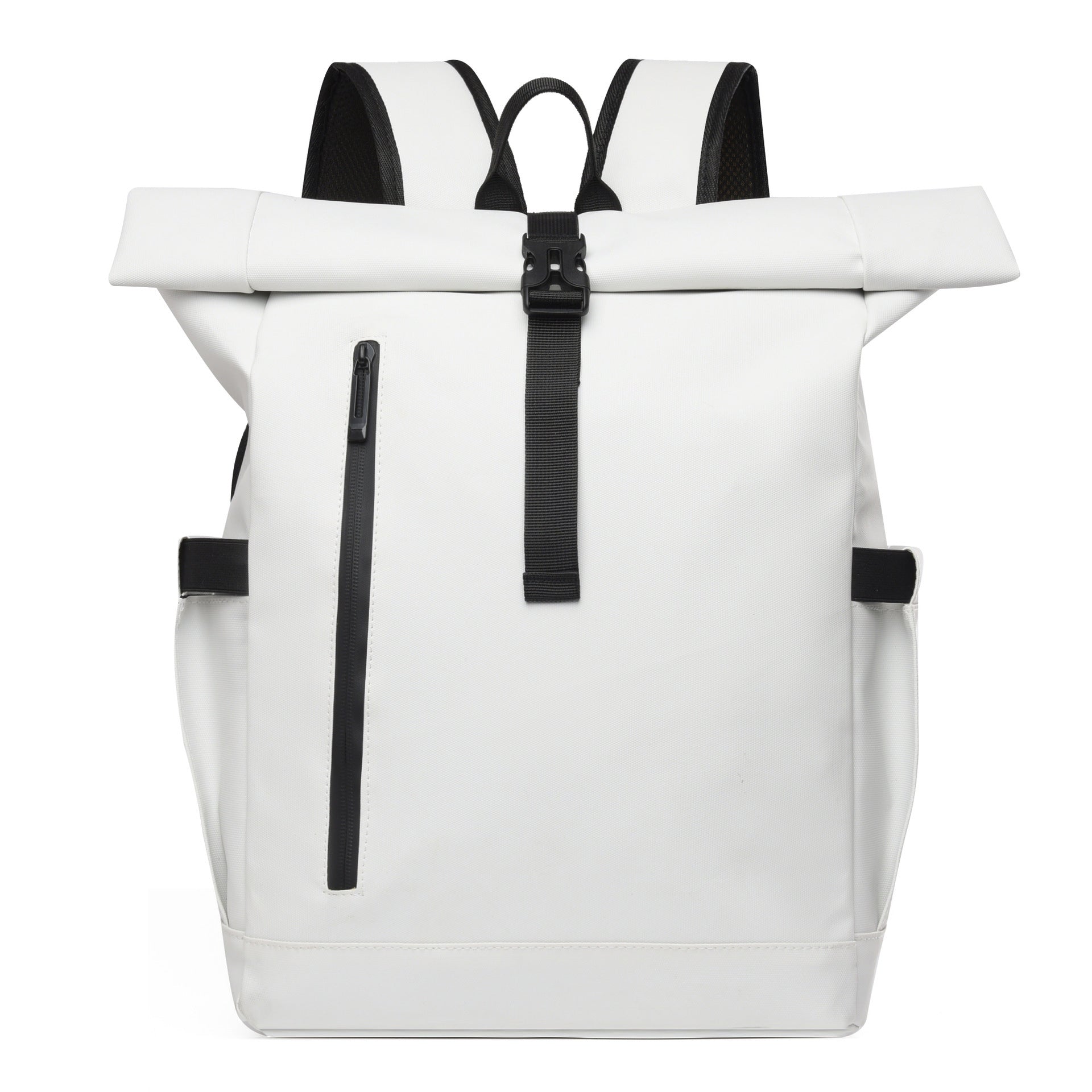 White lightweight men's backpack with roll-top closure and black zipper pocket, waterproof and ideal for travel