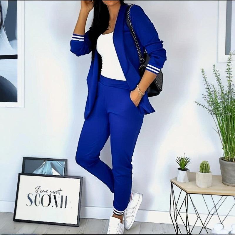 Women's Solid Color Suit Set - Striped Pocket Long Sleeve Blazer & Elastic Waist Trousers Professional Two-Piece Outfit - SMSB 66