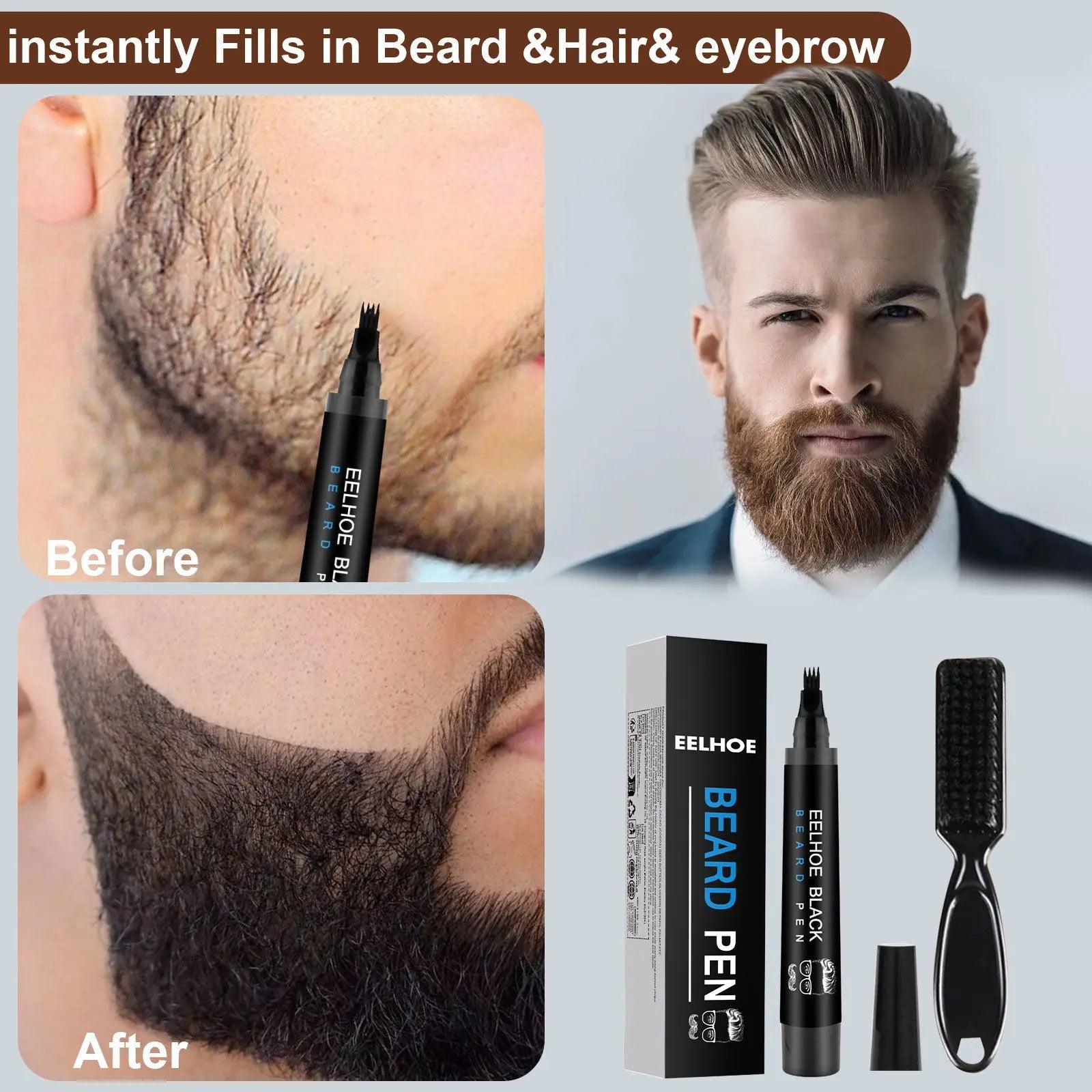 Beard Refill Pen Kit Men's Beard Natural Waterproof Beard Pen Beard Tracing Pen eprolo