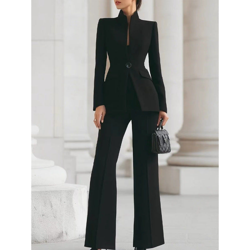 Solid color pocket one button small suit+long suit pants two-piece set