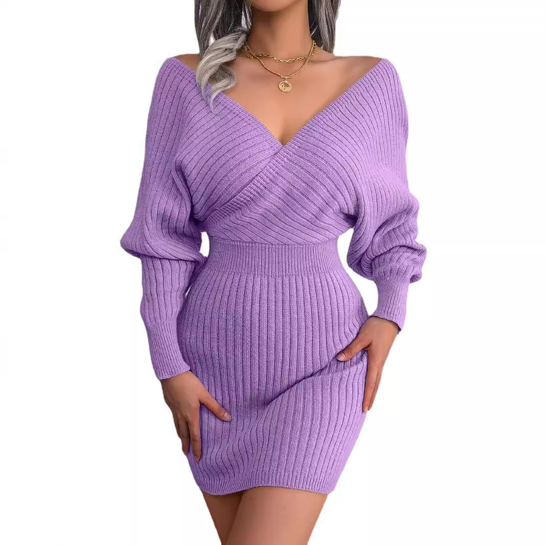 V-neck bat bag buttocks sweater dress - SMSB 66