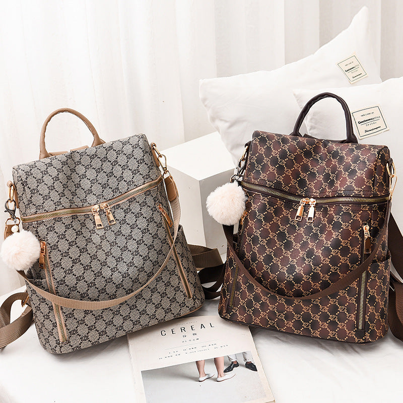 Women's double shoulder PU leather casual backpacks with print pattern, waterproof and anti-theft design in khaki and brown colors