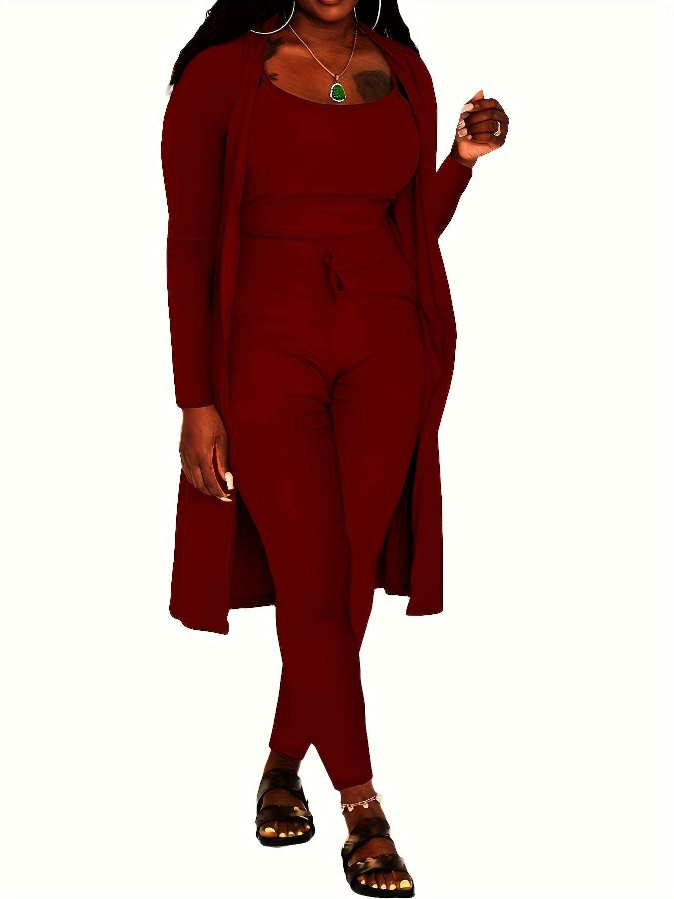 Casual Ribbed 3pcs Set, Crop Tank Top + High Waist Drawstring Pants + Longline Cardigan Outfits, Women's Clothing - SMSB 66