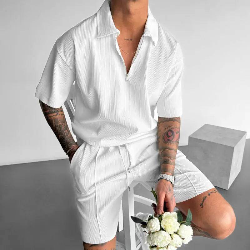 Men's summer fashion clothing set with white zipper polo shirt and drawstring shorts