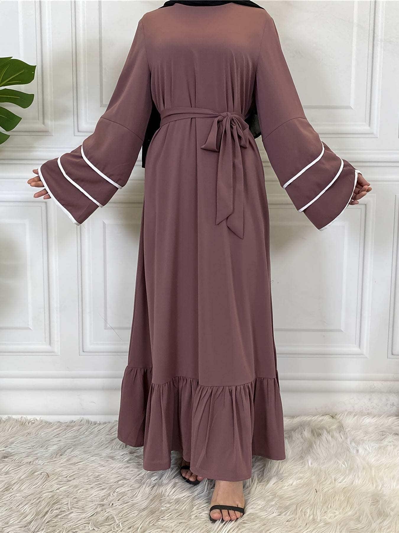 Solid Petal Sleeve Crew Neck Loose Modest Dress, Elegant Tie Waist Ruffled Hem Dress, Women's Clothing - SMSB 66