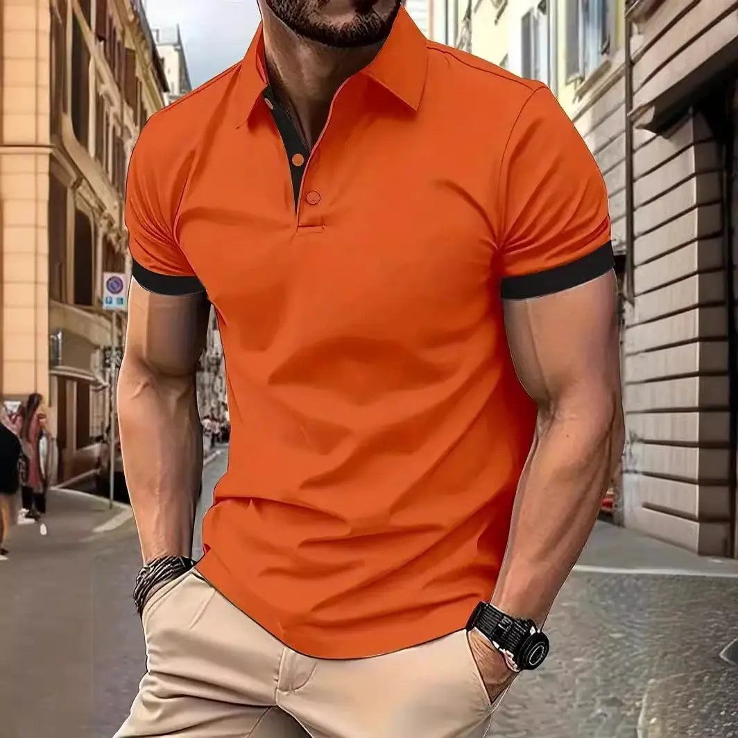 Men's short sleeve business shirt in orange with black trim, slim fit casual polo style