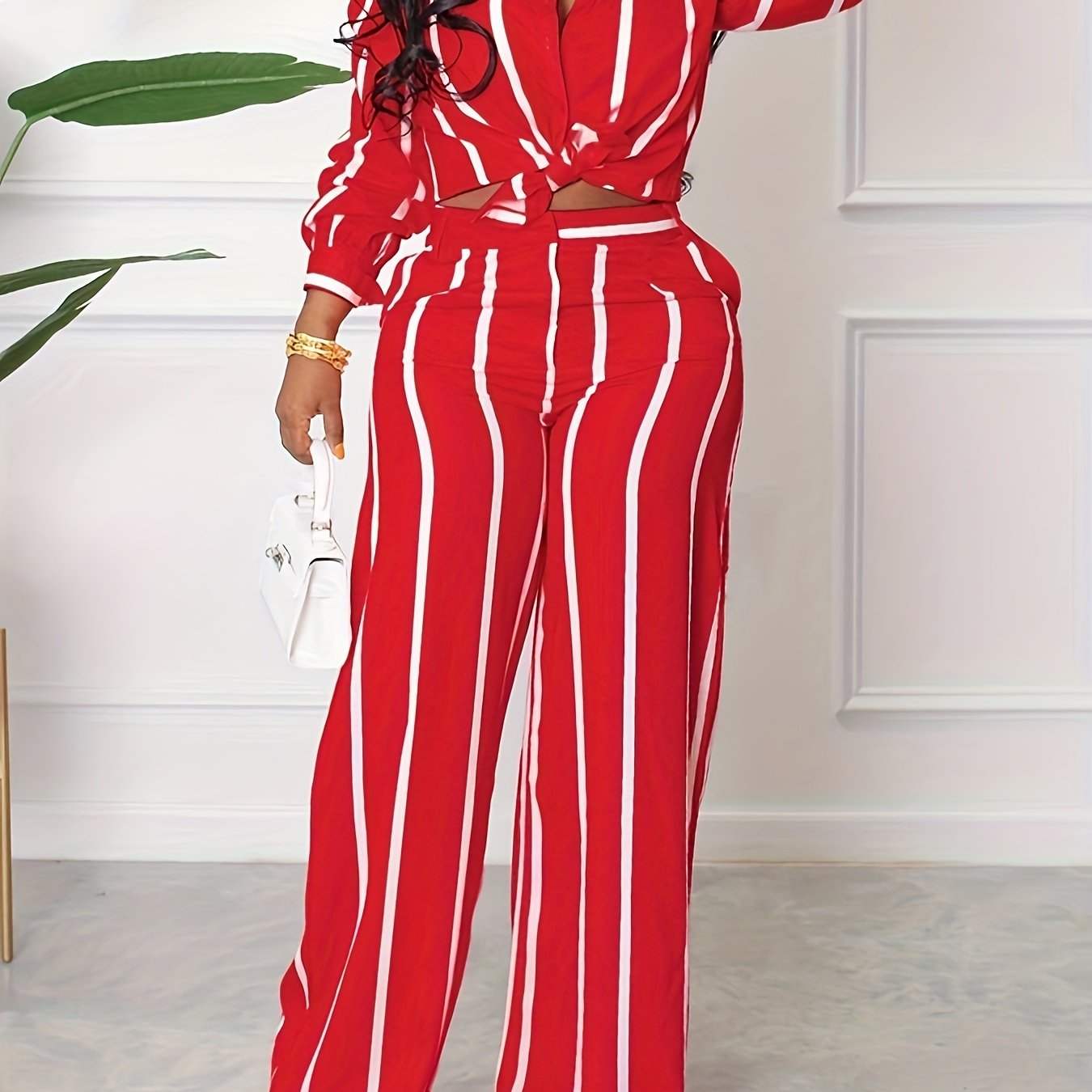 [Two-piece Set Long Sleeve Shirt] Striped Print Two-piece Set, Button Front Collar Long Sleeve Shirt & High Waist Wide Leg Loose Pants Set, Women's Clothing - SMSB 66