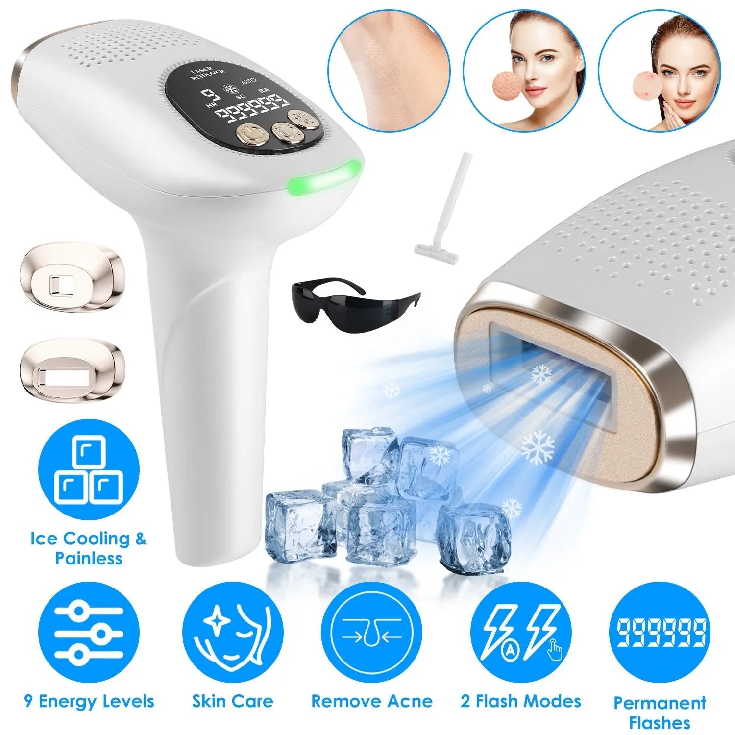 3 In 1 Ice Cooling Laser Hair Removal Painless Permanent At-Home IPL Hair Removal With 999,999 Flashes 9 Energy Levels 2 Modes For Armpits Legs Arms Bikini Line - SMSB 66