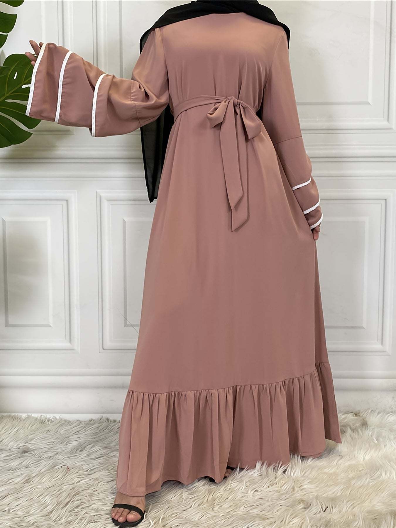 Solid Petal Sleeve Crew Neck Loose Modest Dress, Elegant Tie Waist Ruffled Hem Dress, Women's Clothing - SMSB 66
