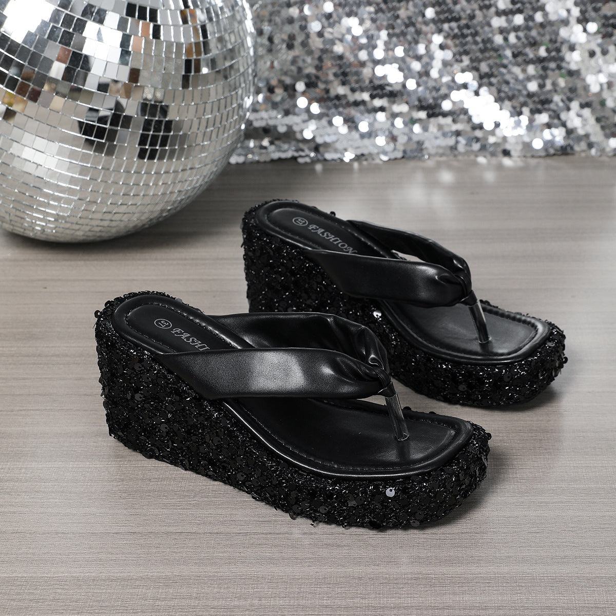High Heels Wedge Sandals With Sequins Shiny Height Increasing Platform Flip Flops Women's Thick Bottom Shoes Beach Summer - SMSB 66