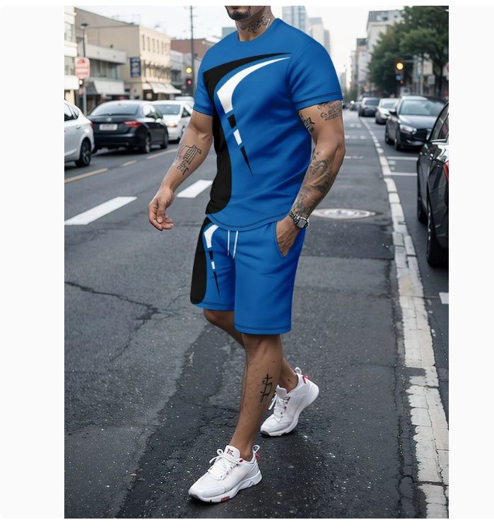 Men's casual T-shirt and shorts two-piece printed sportswear set in blue polyester fiber blend for street style and sports.