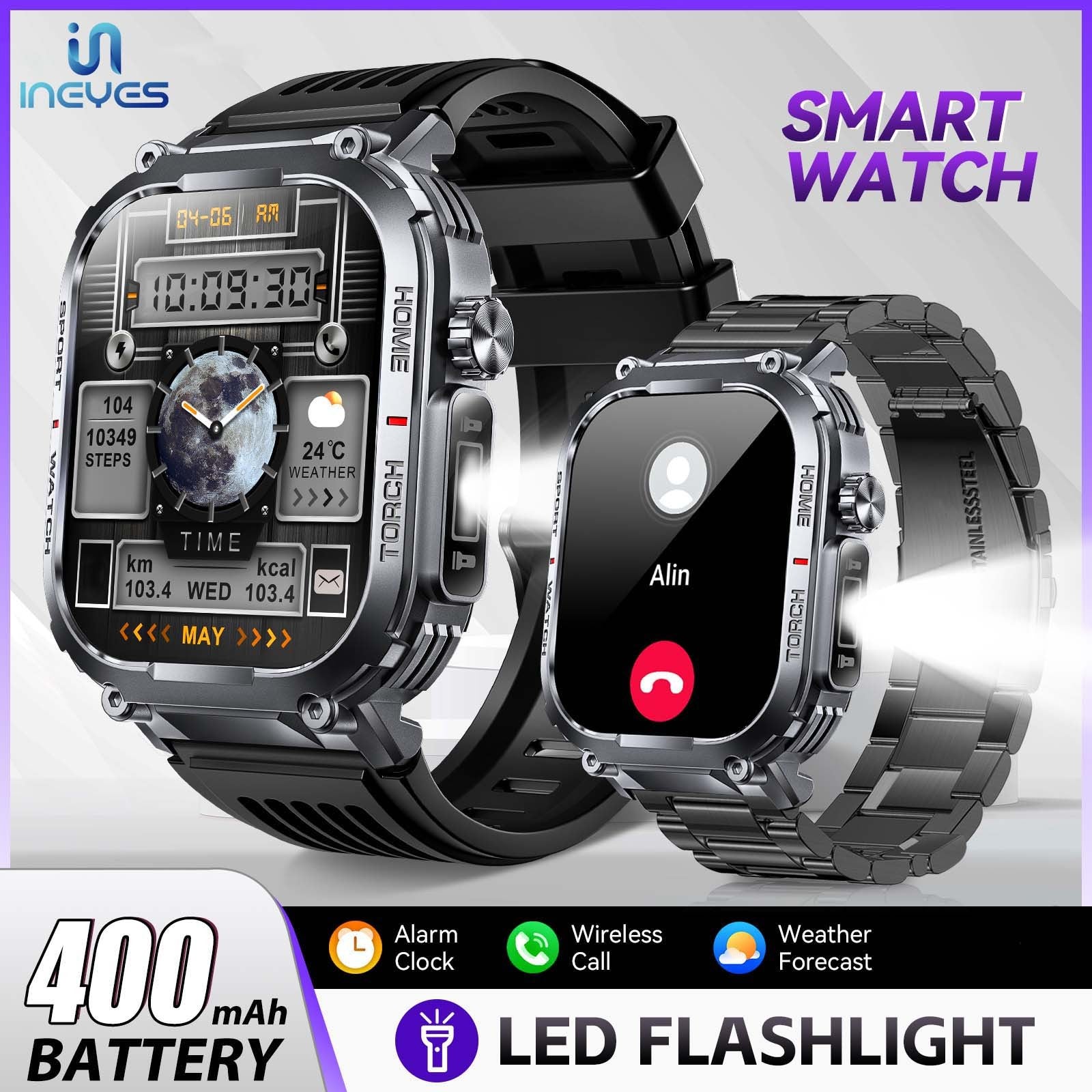 INEYES S320B Sport Modes smartwatch for men and women with 2.02-inch HD screen, LED flashlight, wireless call, and 400mAh battery.