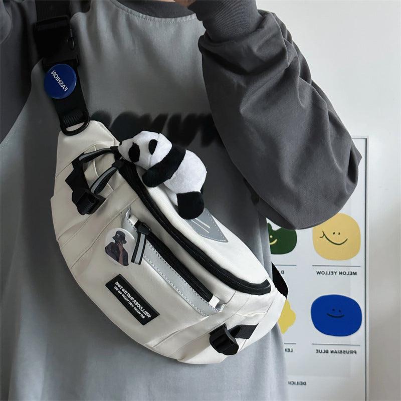 White men's sports chest bag with large capacity and panda keychain, soft Oxford cloth crossbody design