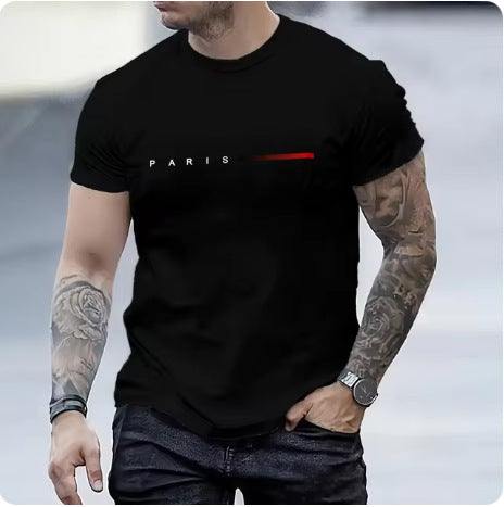 Slim fit men's 3d printed black short sleeve top with Paris text design