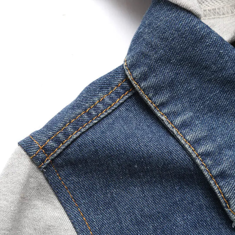 Casual Men's Korean Style Denim Jacket with Detachable Hood and Patchwork Design, Large Size Outerwear eprolo