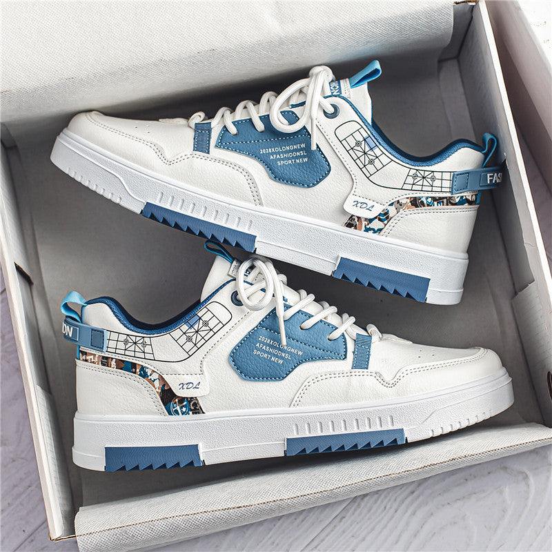 Men's fashion casual sneakers in white and blue with round toe, breathable artificial PU, leather stitching, flat rubber sole, and front lace-up design.