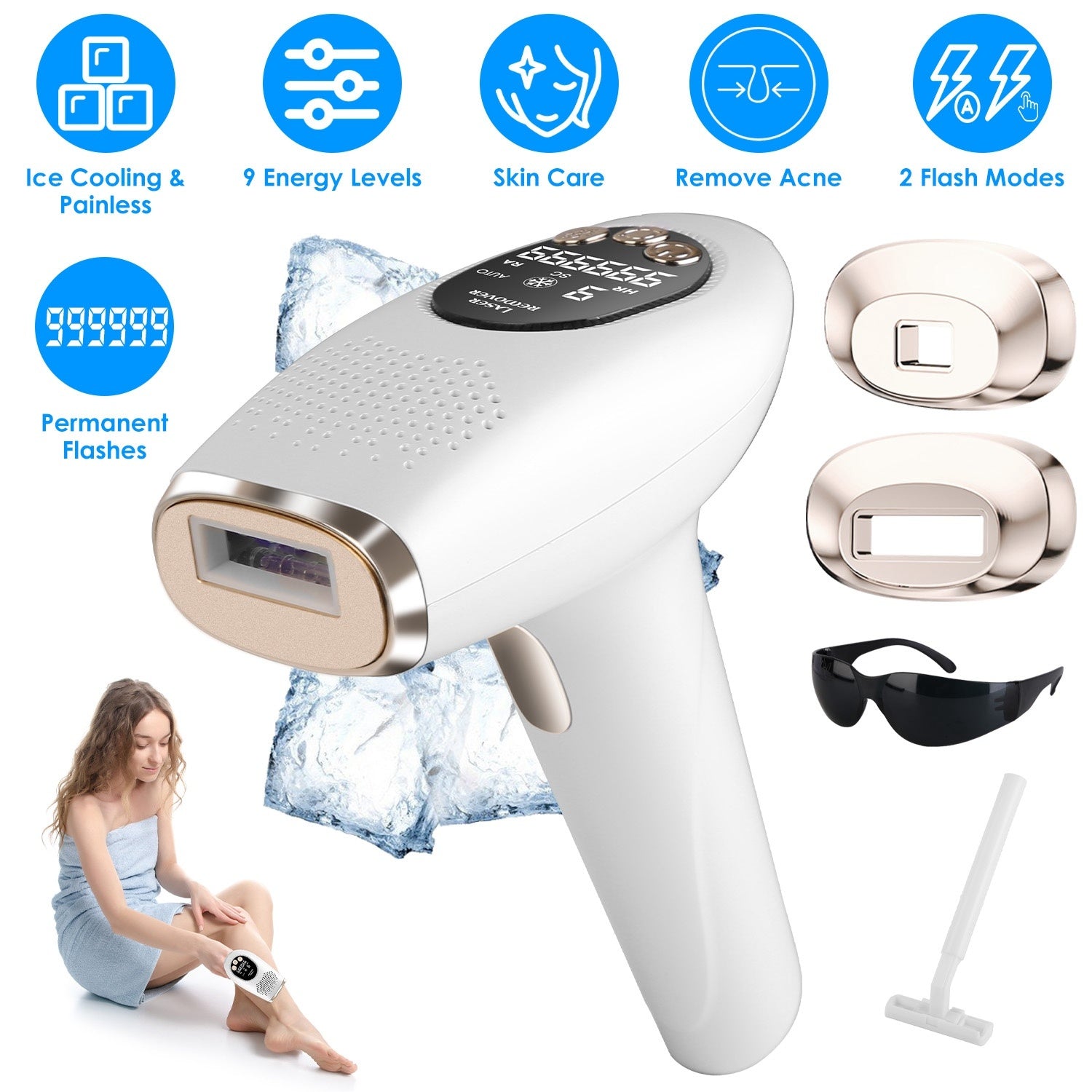 3 In 1 Ice Cooling Laser Hair Removal Painless Permanent At-Home IPL Hair Removal With 999,999 Flashes 9 Energy Levels 2 Modes For Armpits Legs Arms Bikini Line - SMSB 66