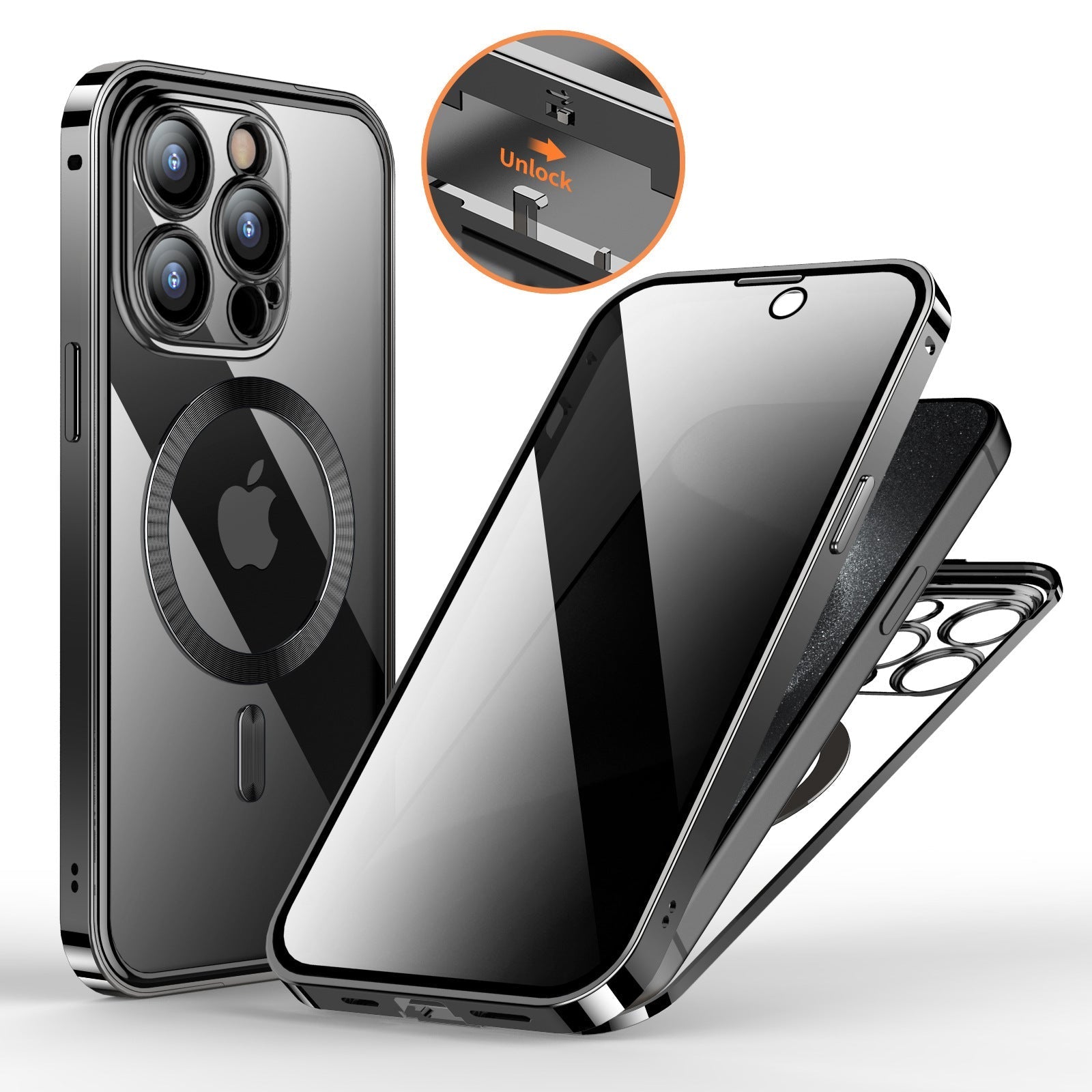 Anti-Privacy metal buckle magnetic wireless charging double-sided lens full cover phone case for iPhone