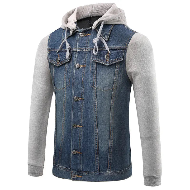 Casual Men's Korean Style Denim Jacket with Detachable Hood and Patchwork Design, Large Size Outerwear eprolo