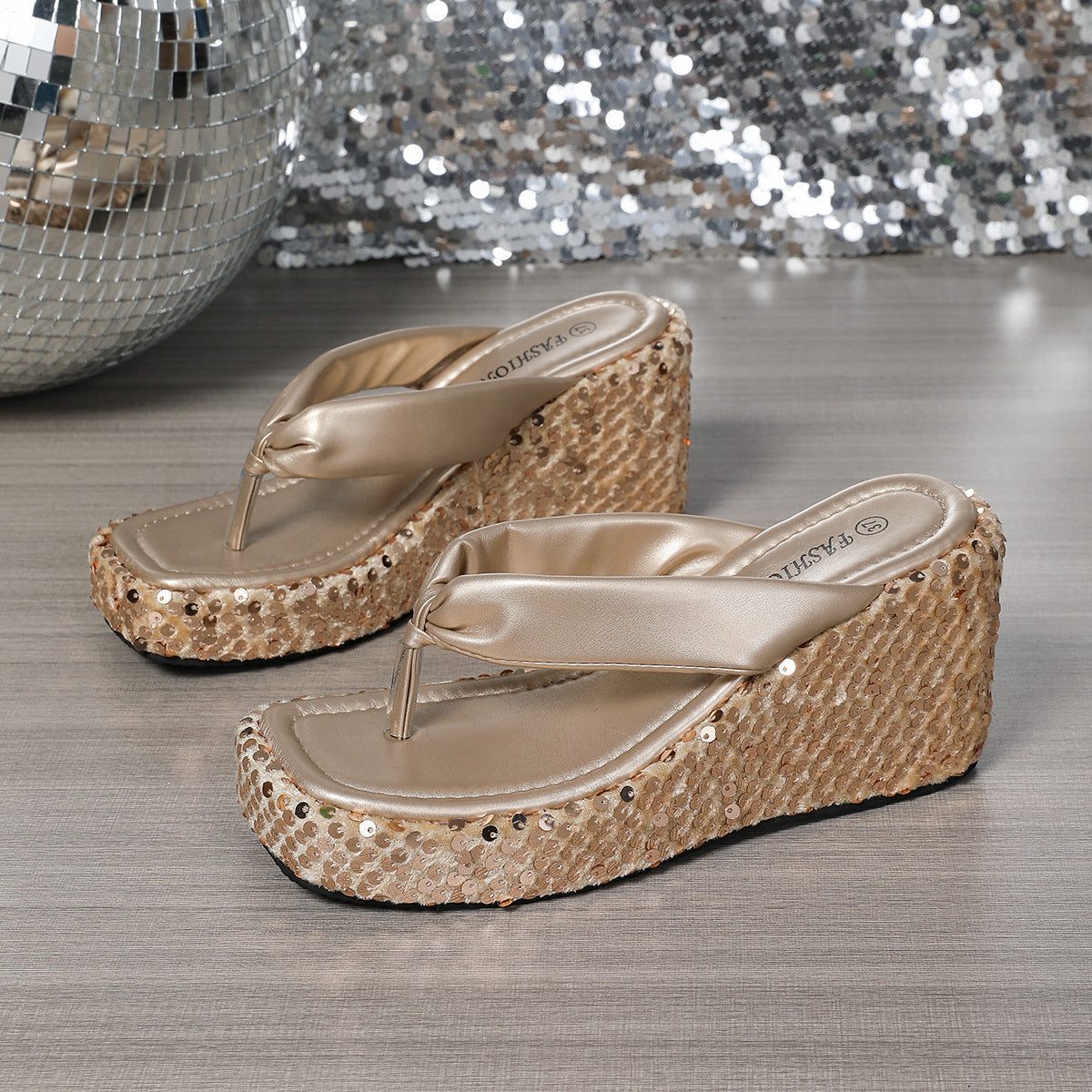 High Heels Wedge Sandals With Sequins Shiny Height Increasing Platform Flip Flops Women's Thick Bottom Shoes Beach Summer - SMSB 66