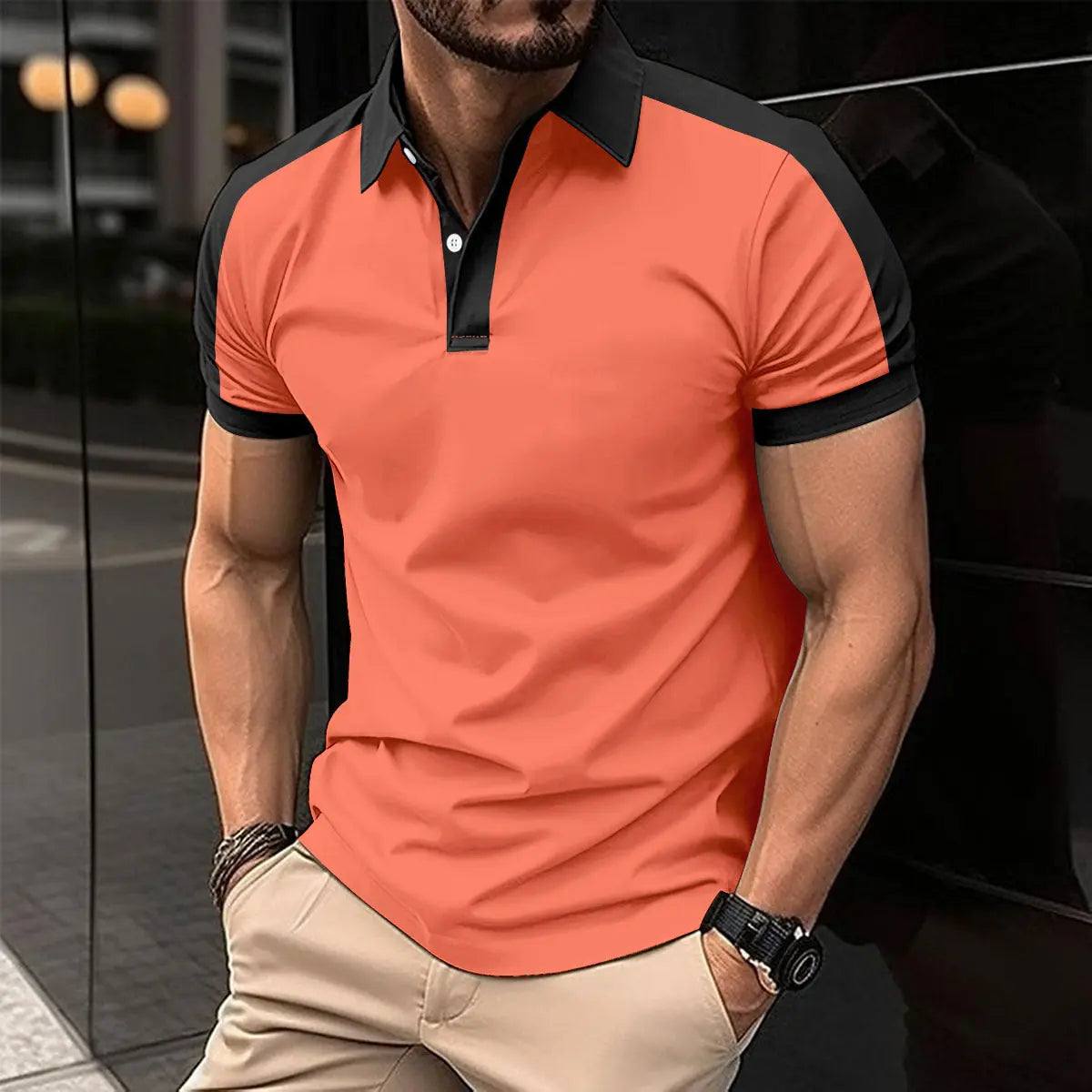 Men's short sleeve business shirt in orange with black collar and sleeve accents, summer casual polo style