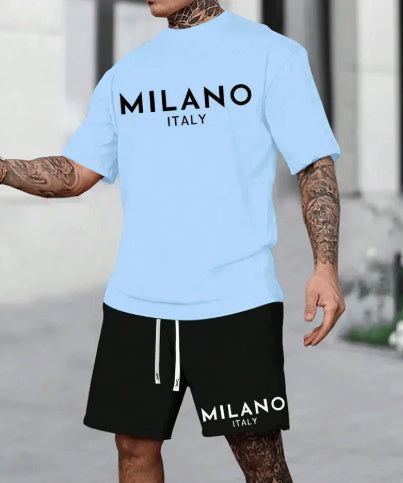 European and American style round neck short sleeve blue pullover suit with black shorts set