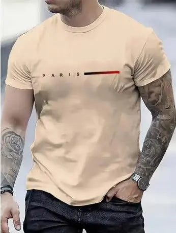 Slim fit men's 3d printed beige top with Paris design and short sleeves