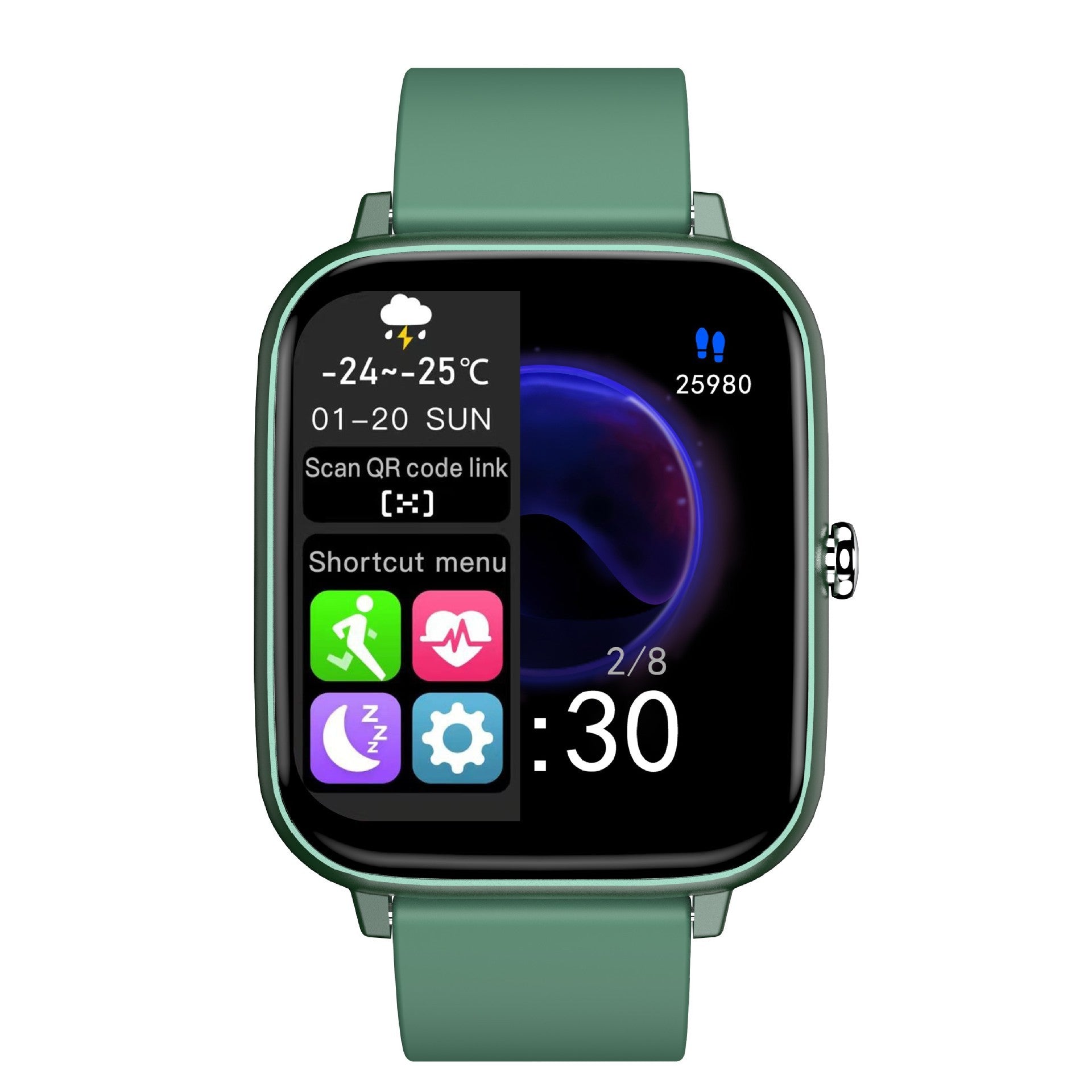 green smartwatch with full touchscreen displaying weather, step count, and shortcut menu for Bluetooth calling and fitness tracking