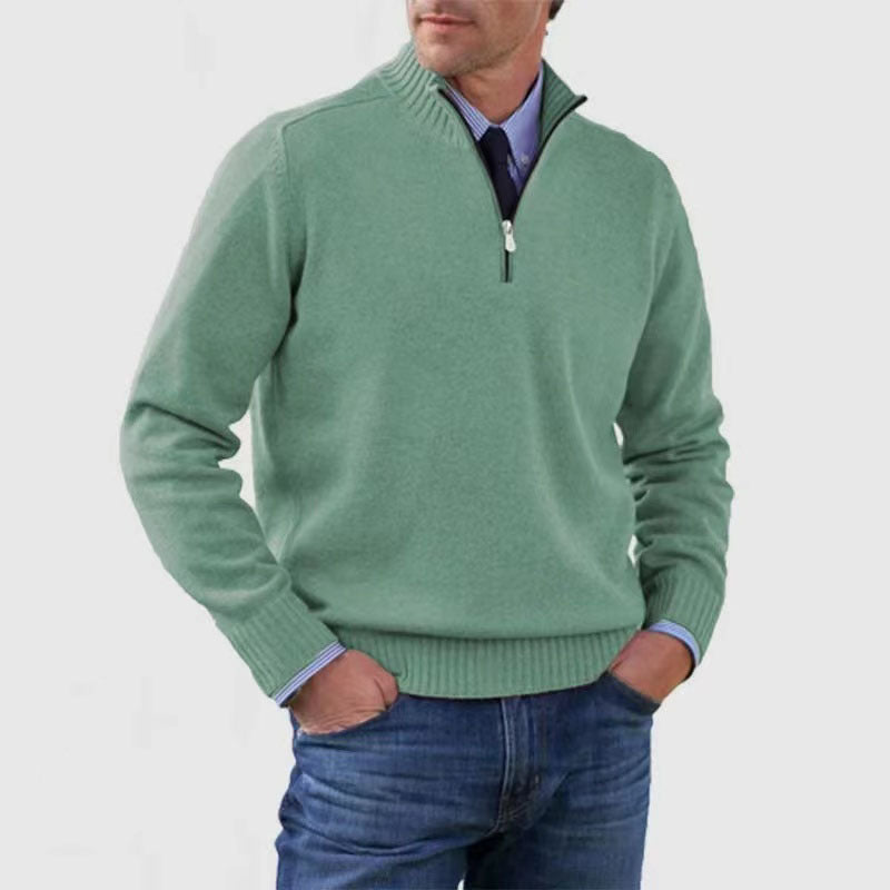 Men's Stand Collar Zipper Sweater Winter Fashion Solid Color Long Sleeve Knitted Top Clothing - SMSB 66