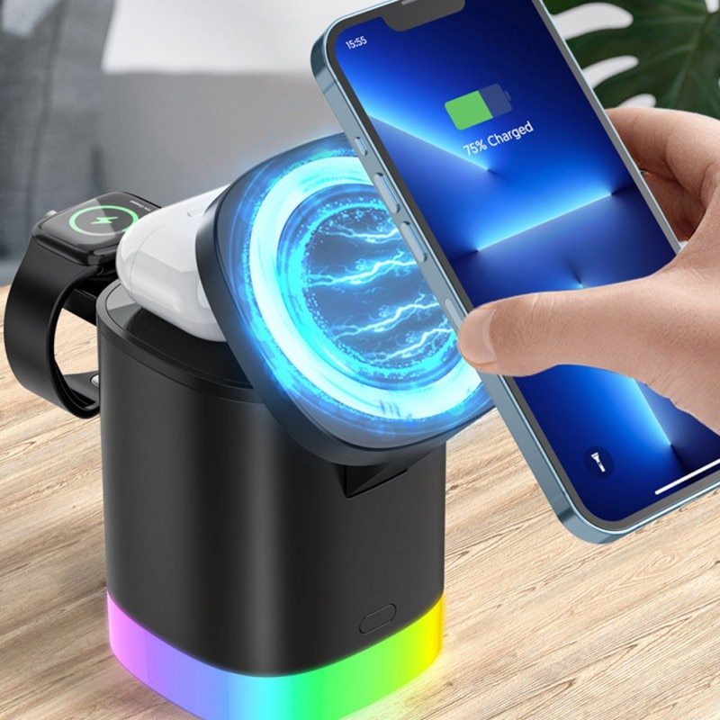3 in 1 wireless charging station with magnetic fast charger and RGB ambient light for smartphone, AirPods, and iWatch