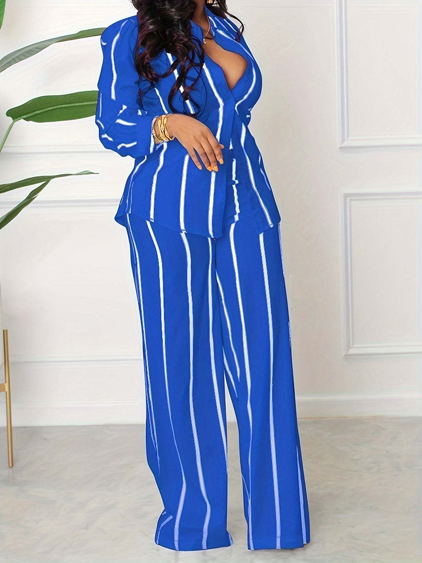 [Two-piece Set Long Sleeve Shirt] Striped Print Two-piece Set, Button Front Collar Long Sleeve Shirt & High Waist Wide Leg Loose Pants Set, Women's Clothing - SMSB 66