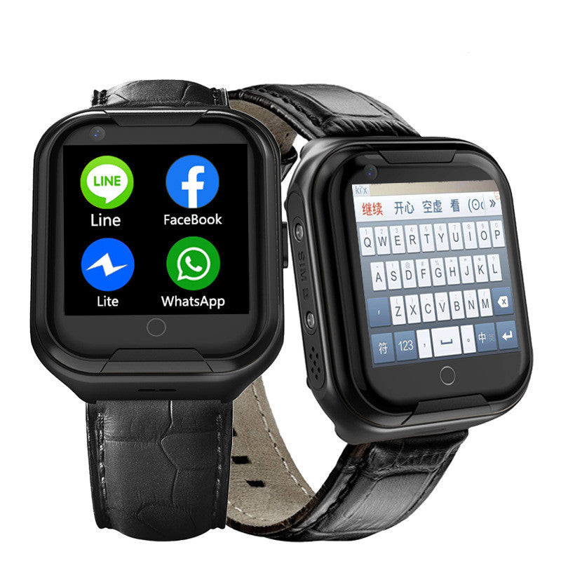 Elderly smart phone watch with blood pressure, fall detection, and positioning features, black wrist strap design.