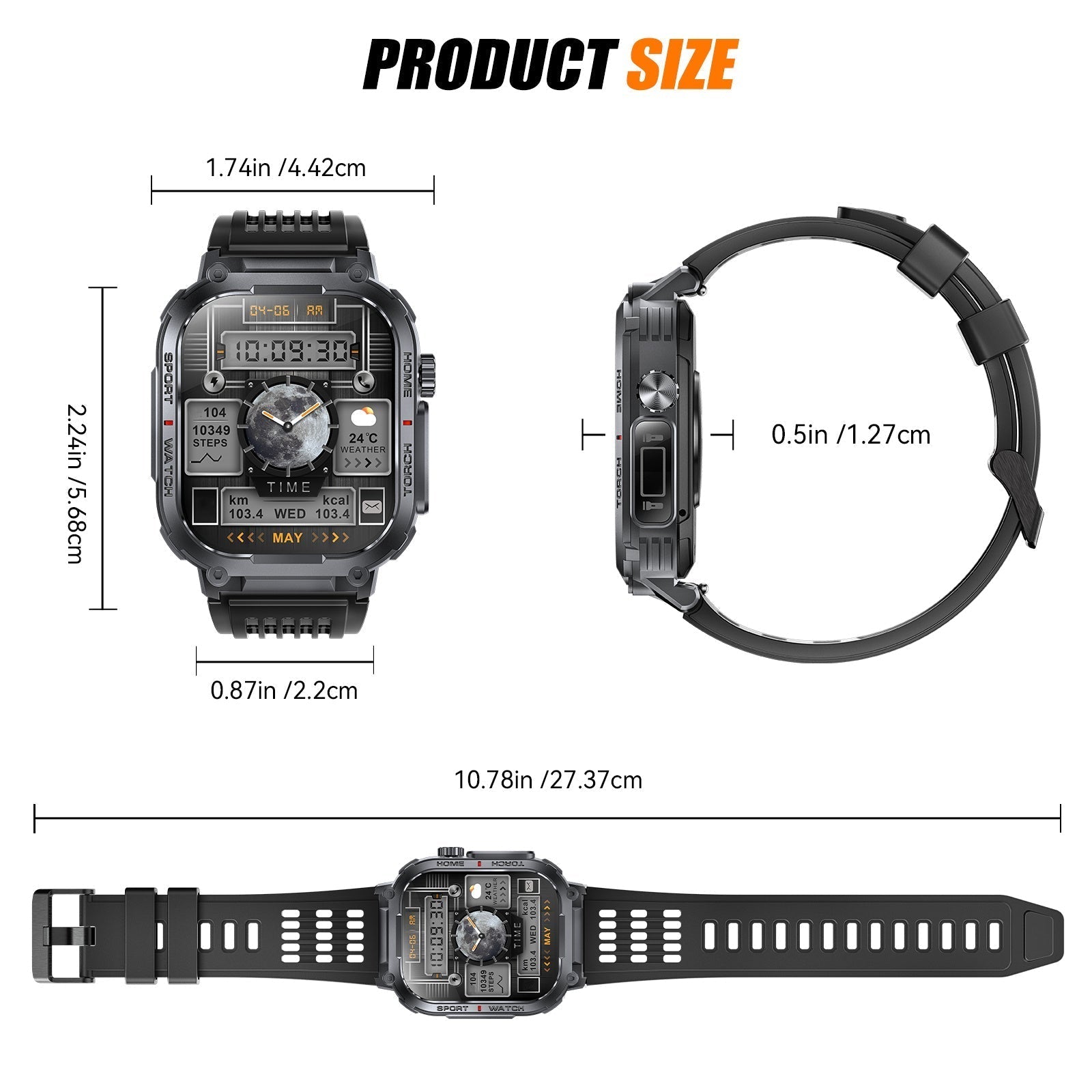 INEYES S320B Sport Modes smartwatch for men and women with 2.02-inch HD screen, LED flashlight, wireless call, and black adjustable strap with size dimensions.