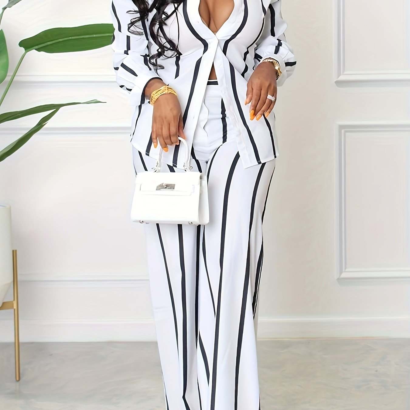[Two-piece Set Long Sleeve Shirt] Striped Print Two-piece Set, Button Front Collar Long Sleeve Shirt & High Waist Wide Leg Loose Pants Set, Women's Clothing - SMSB 66
