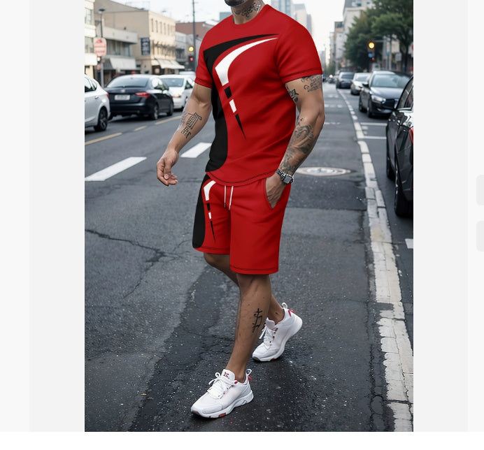 Men's casual T-shirt and shorts two-piece sportswear set in red with black and white print, made of polyester blend fabric, suitable for street style and four seasons.